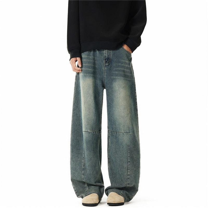 Herren Weit geschnittene Baggy-Jeans mit hoher Bundhöhe, Knie‑Abnähern und Used‑Waschung Drune