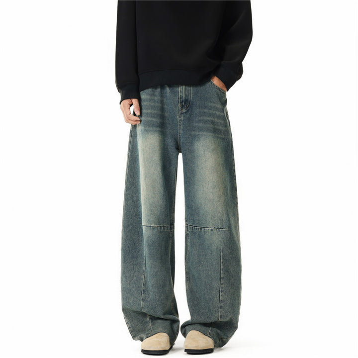 Herren Weit geschnittene Baggy-Jeans mit hoher Bundhöhe, Knie‑Abnähern und Used‑Waschung Drune