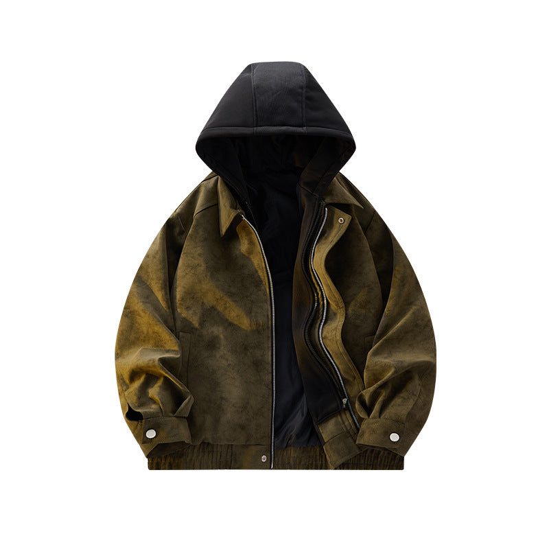 Herren Oversized Velourslederoptik Bomberjacke mit Kapuze und Doppelreißverschluss Drune