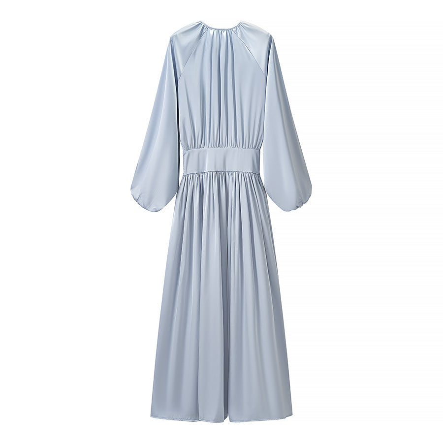 Damen Fließendes Maxikleid mit Ballonärmeln, geraffter Taille und Rundhalsausschnitt Drune
