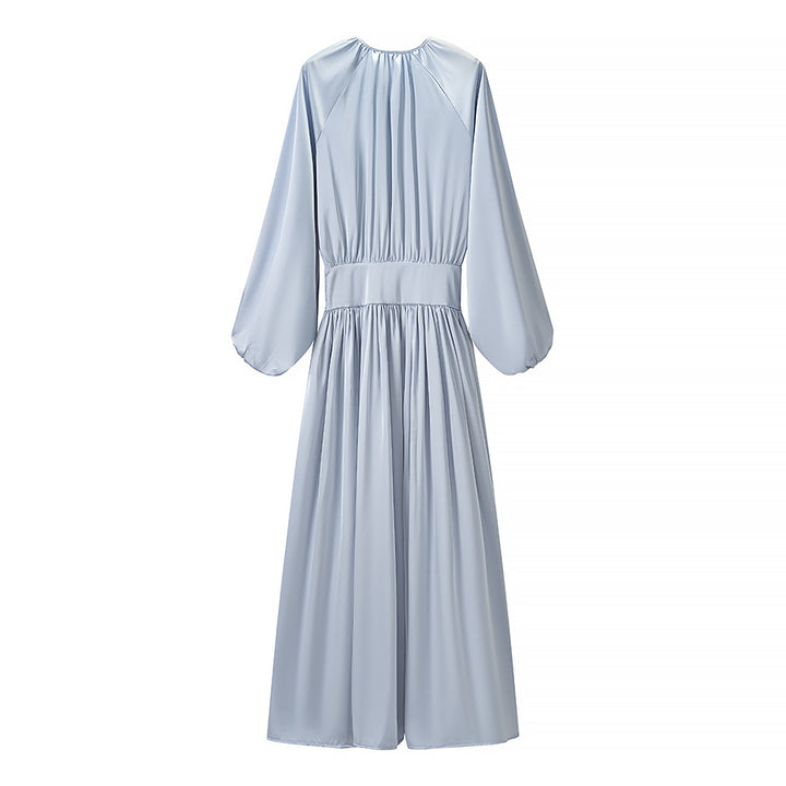 Damen Fließendes Maxikleid mit Ballonärmeln, geraffter Taille und Rundhalsausschnitt Drune