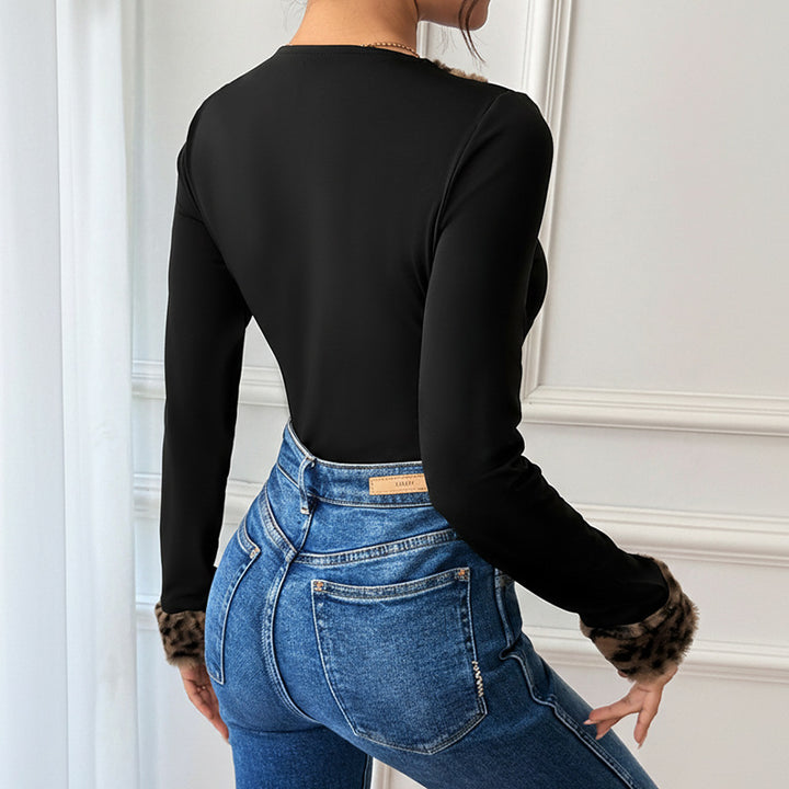 Damen Taillierter Longsleeve-Body mit Leoparden-Kragen und Kunstfellmanschetten Drune
