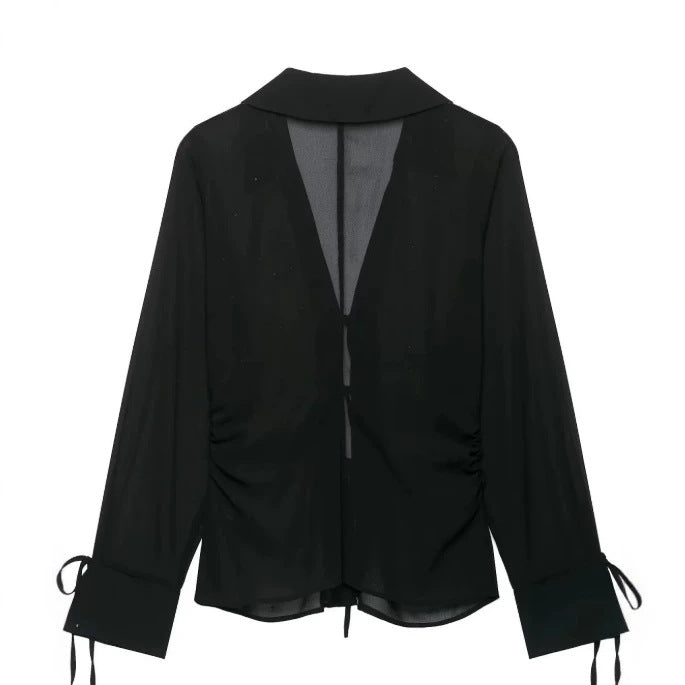 Damen Transparente V‑Ausschnitt Bluse mit Bindebändern und Schmuckstein‑Applikation Drune