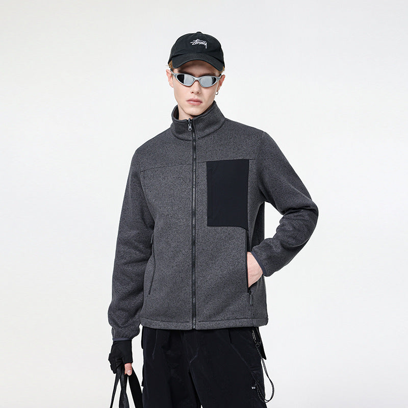 Herren Struktur-Fleece-Zipjacke mit hohem Stehkragen und Nylon-Brusttasche Drune