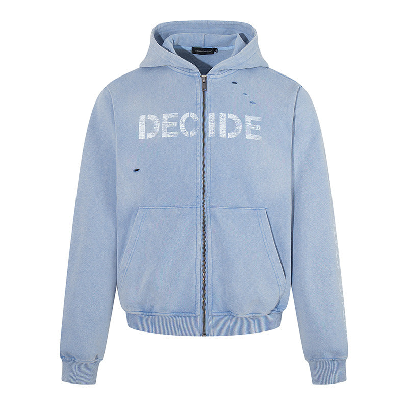 Herren Kapuzen-Zipjacke im Vintage-Look mit Statement-Print und Destroy-Details Drune