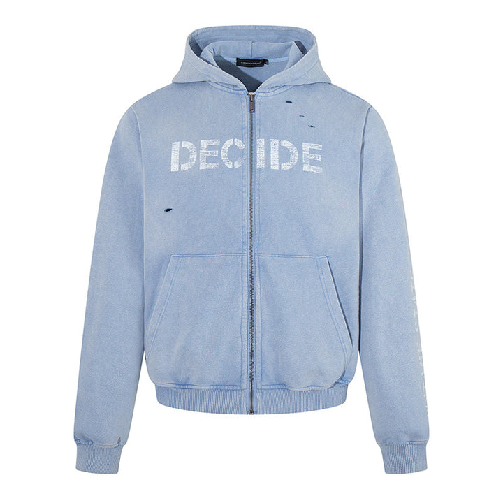 Herren Kapuzen-Zipjacke im Vintage-Look mit Statement-Print und Destroy-Details Drune