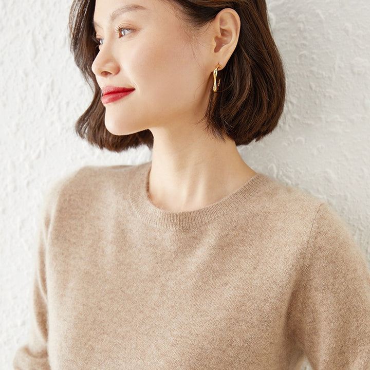 Damen Kurzgeschnittener Feinstrickpullover mit Rundhalsausschnitt und geripptem Bund Drune