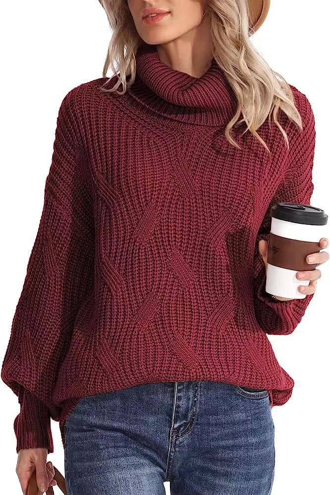 Damen Weicher Strickpullover mit hohem Kragen und Kabelmuster Drune