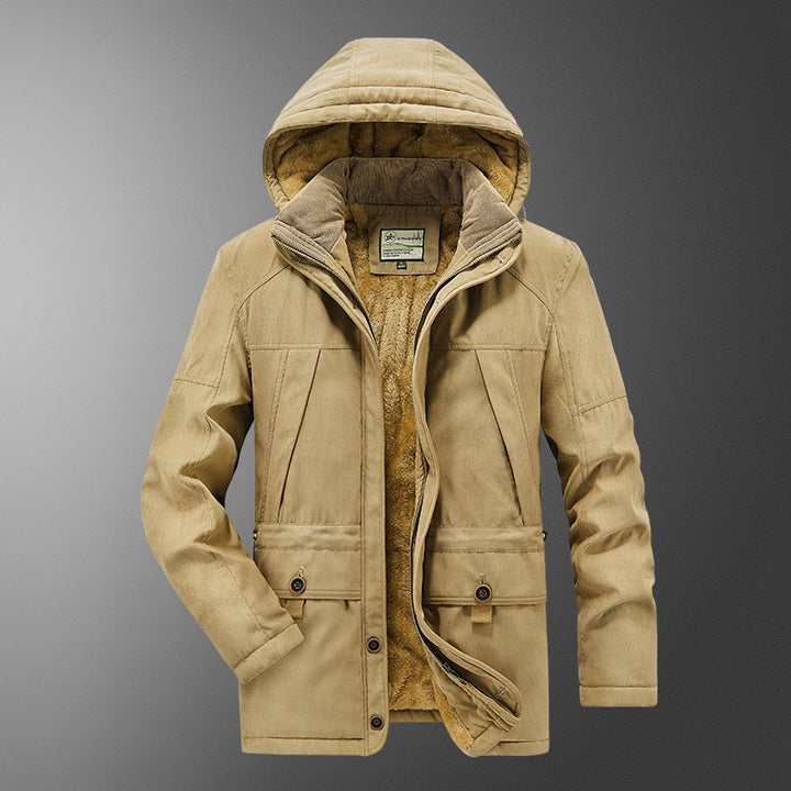 Herren gefütterter Kapuzenparka mit Thermo-Teddyfutter, winddichter Baumwollmix-Außenschale und Mehrfachtaschen Drune