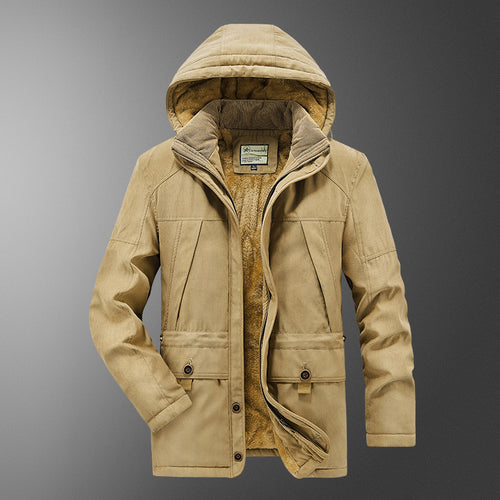 Herren gefütterter Kapuzenparka mit Thermo-Teddyfutter, winddichter Baumwollmix-Außenschale und Mehrfachtaschen Drune