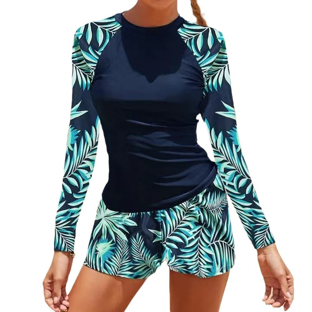 Damen UV-Schutz Badeanzug mit floralem Langarmoberteil und komfortablem Shorts Drune
