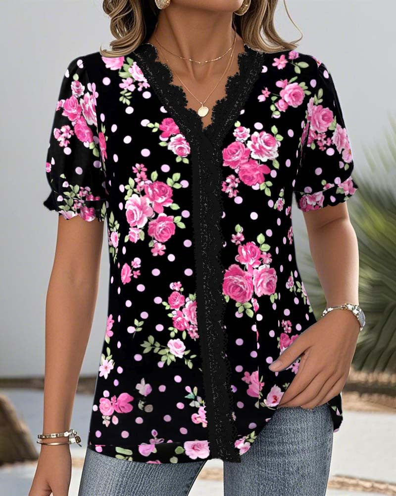 Damen nan florale V-Ausschnitt-Bluse mit dekorativer Spitzenblende und gerafften Kurzärmeln Drune