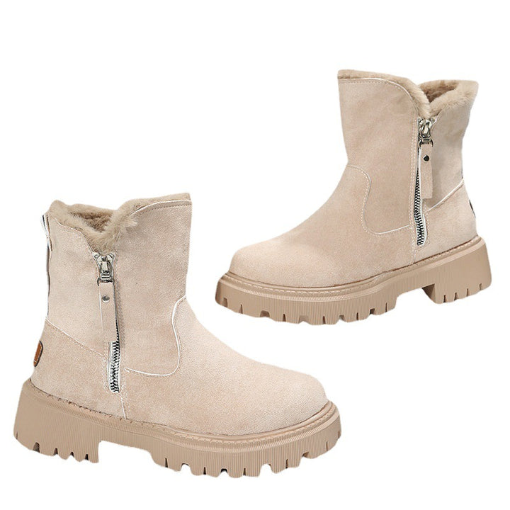 Damen Kurzschaft-Stiefelette mit Teddy‑Umschlag, Veloursoptik und Chunky‑Lug‑Sohle Drune