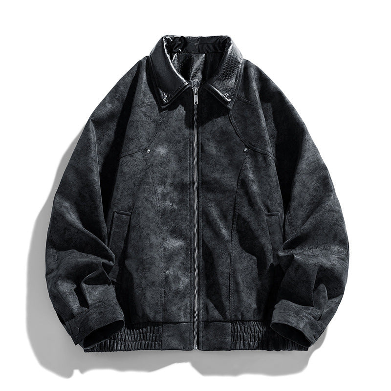 Herren Modische Kunstlederjacke mit Stehkragen Drune