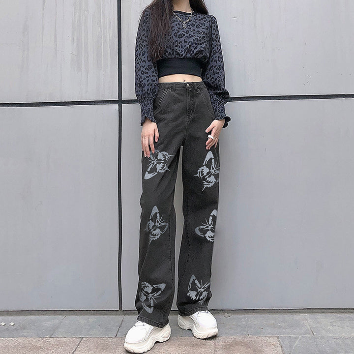 Damen weite Jeans mit auffälligem Schmetterlingsdruck Drune