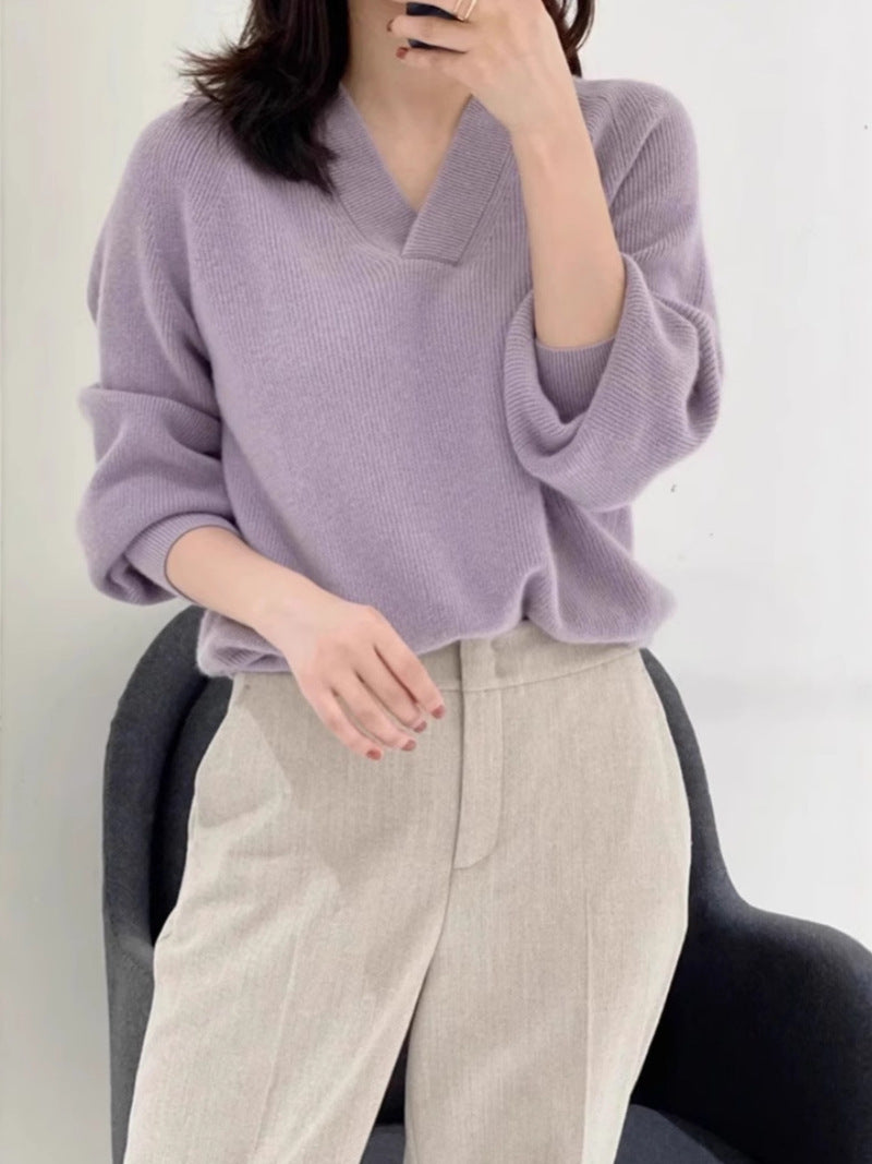 Damen Lockerer V‑Ausschnitt-Pullover aus feinem Rippenstrick mit überschnittener Schulter Drune