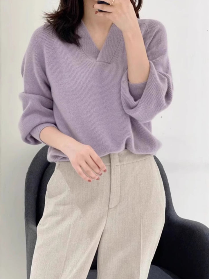 Damen Lockerer V‑Ausschnitt-Pullover aus feinem Rippenstrick mit überschnittener Schulter Drune