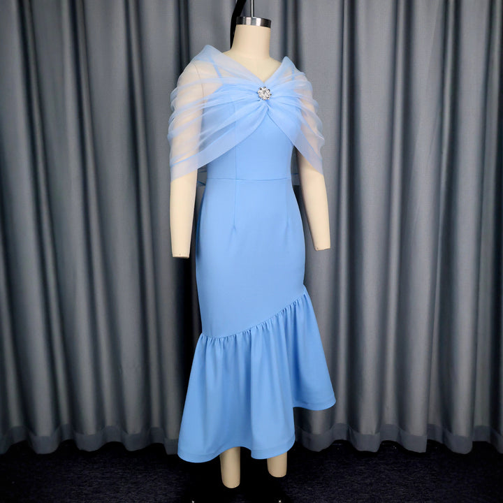 Damen elegantes Midikleid mit transparentem Chiffon-Cape und Floral-Applikation Drune