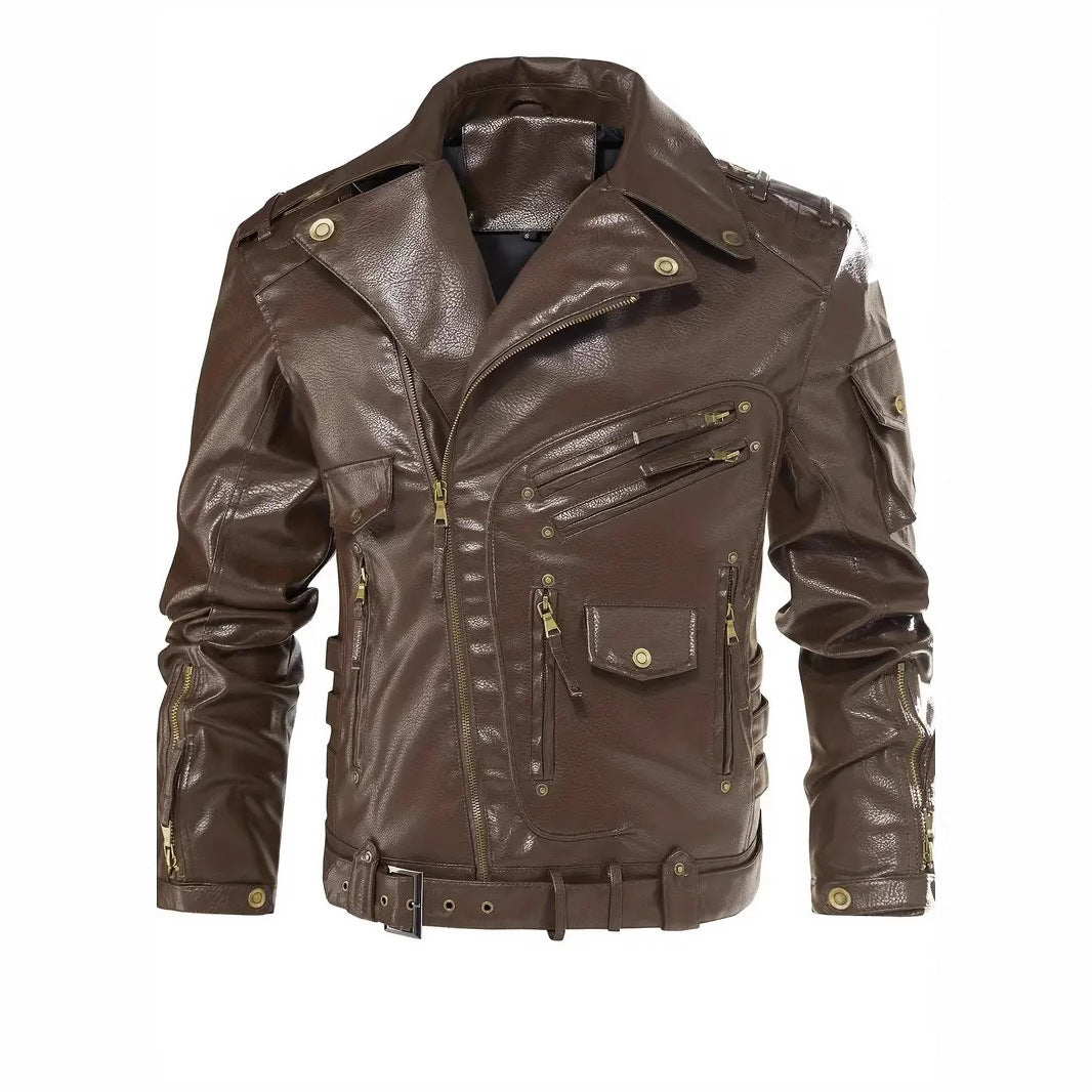Herren Stylische Bikerjacke mit Mehreren Reißverschlusstaschen und Gürteldetail Drune