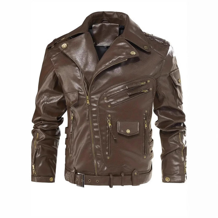 Herren Stylische Bikerjacke mit Mehreren Reißverschlusstaschen und Gürteldetail Drune