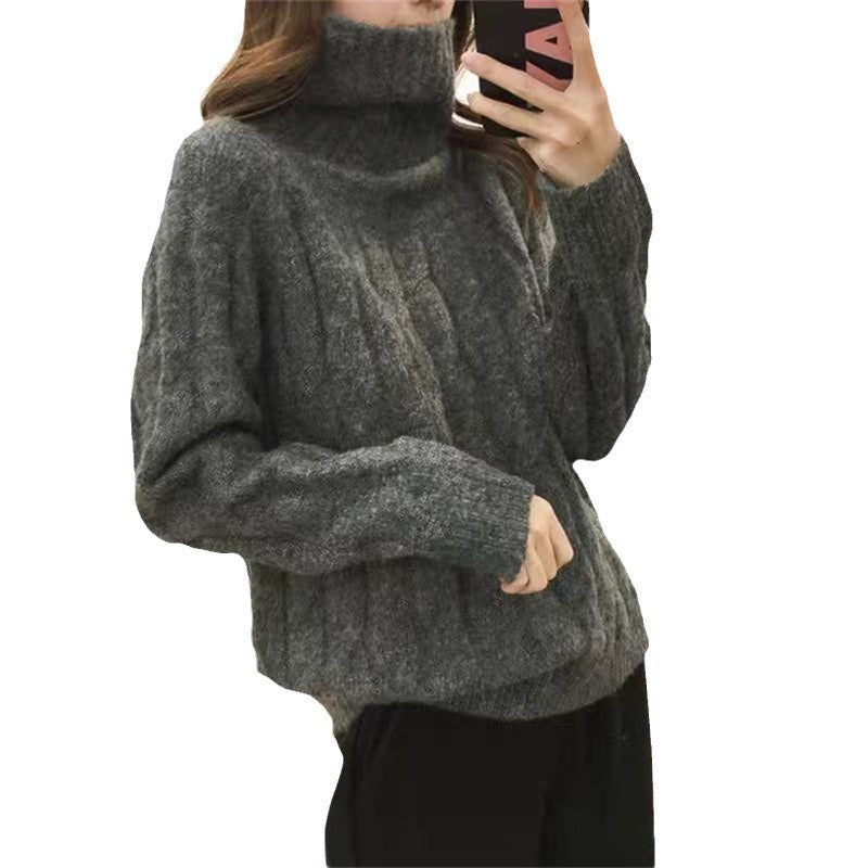 Damen Strickpullover mit hohem Kragen und Zopfmuster Drune
