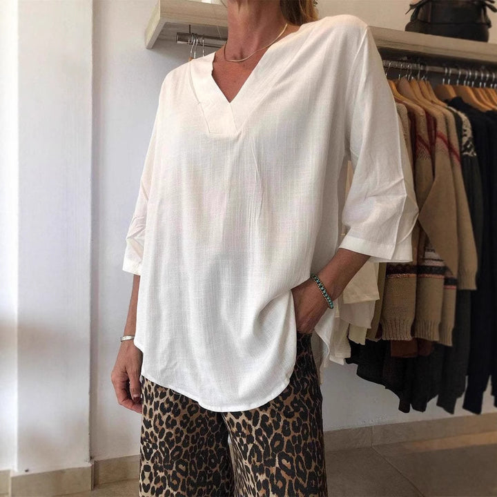 Damen lässiges V-Ausschnitt Shirt mit weiten Ärmeln Drune