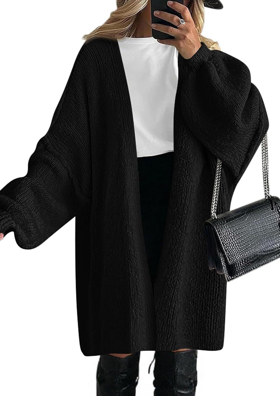 Damen Oversize Strickcardigan mit weiten Ballonärmeln und offener Front Drune