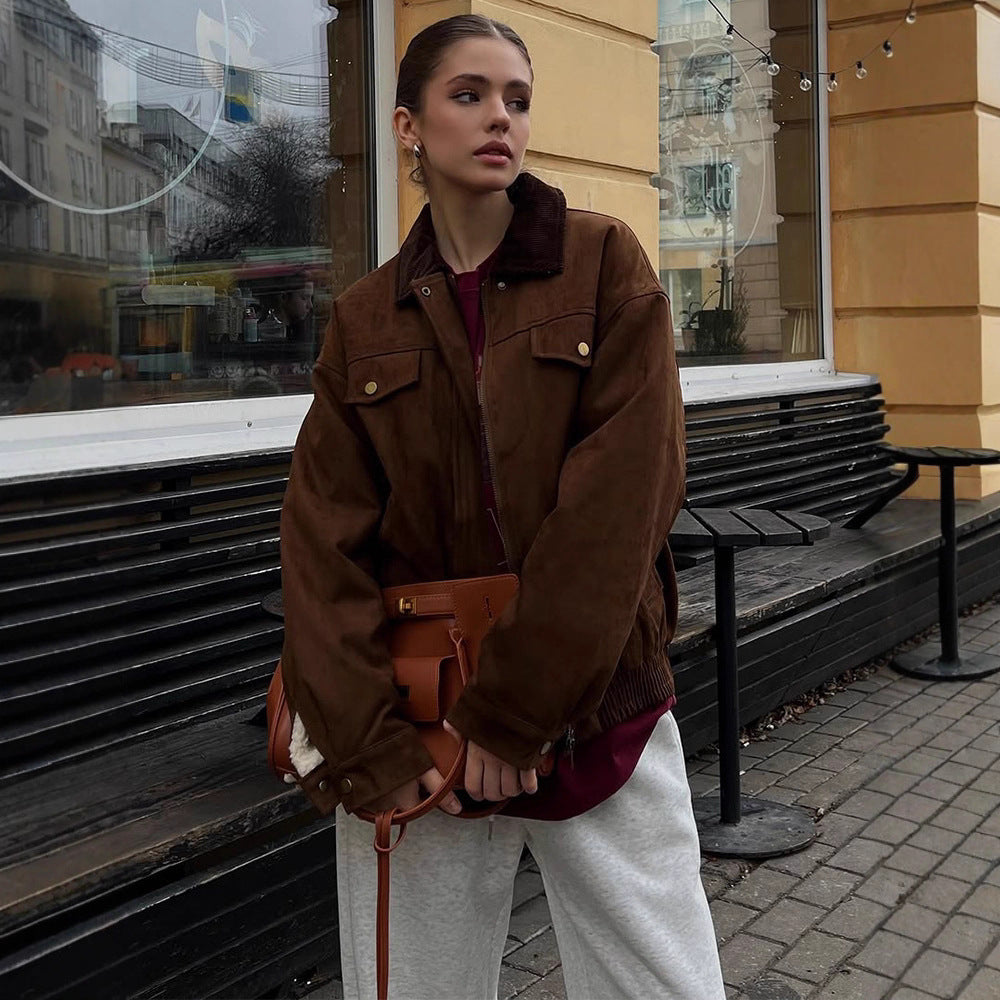 Damen Boxy-Suede-Blousonjacke mit Cordkragen und Teddyfutter Drune