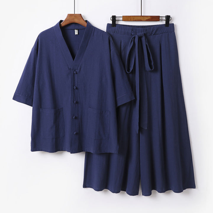 Damen Zweiteiliges Kimono-Lounge-Set mit Kurzarm-Knopfjacke, aufgesetzten Taschen und weiten Palazzo-Hosen Drune