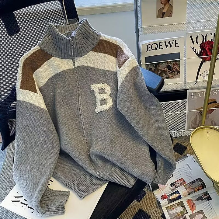 Damen Sportlicher Stehkragen-Strickpullover mit Reißverschluss und kontrastierenden Details Drune