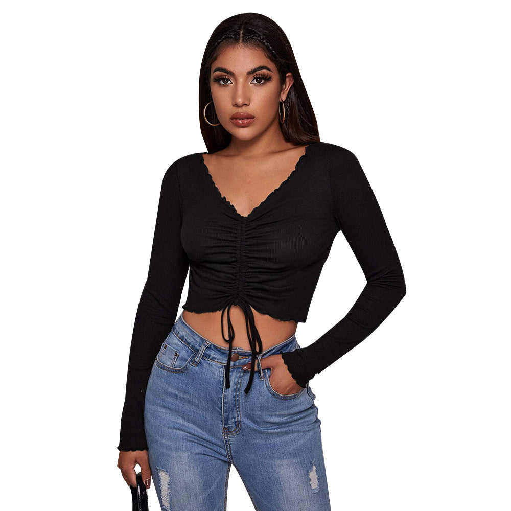 Damen geripptes Cropped-Longsleeve mit Tunnelzugvorderseite, Bindekordeln und gewelltem Saum Drune