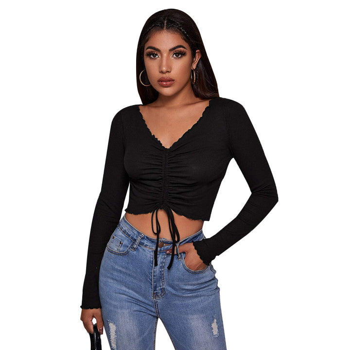 Damen geripptes Cropped-Longsleeve mit Tunnelzugvorderseite, Bindekordeln und gewelltem Saum Drune