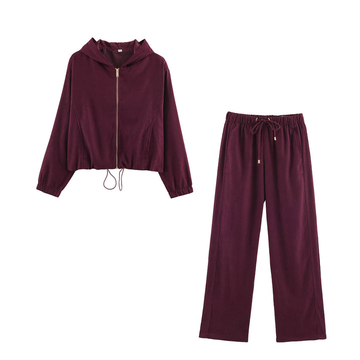 Damen Jersey‑Zweiteiler mit kurzer Kapuzenjacke, Kordelzug und gerader Komforthose Drune