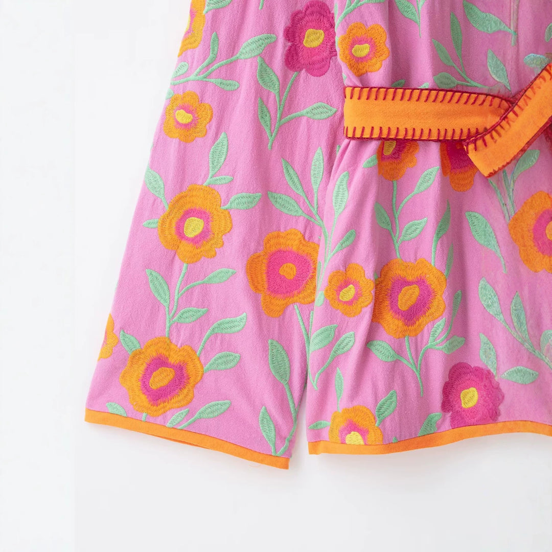 Damen Bestickter Kurzkimono aus Baumwollmischung mit Bindegürtel und V-Ausschnitt Drune