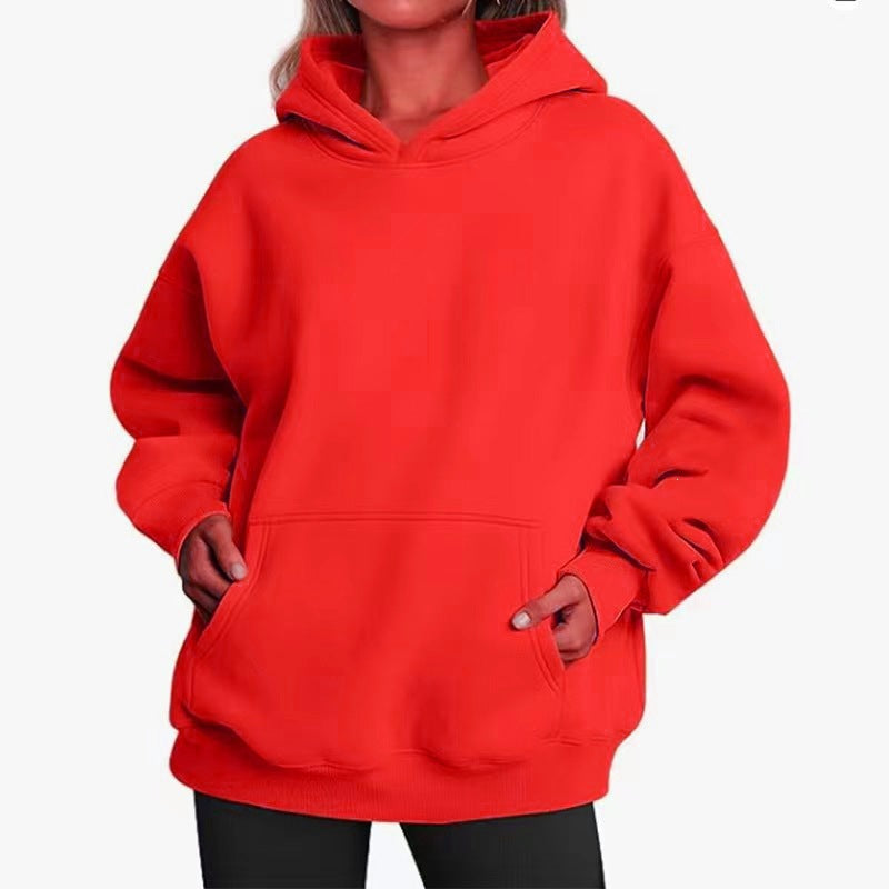 Damen nan Oversize-Kapuzenpullover mit Raglanärmeln, Kängurutasche und weichem Fleece-Innenfutter Drune