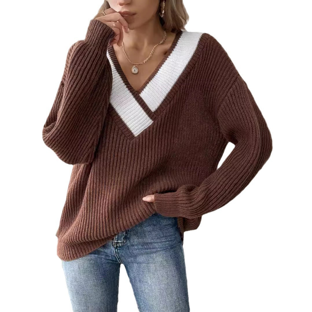 Damen lässiger Strickpullover mit V-förmigem Ausschnitt und dekorativem Rippenmuster Drune