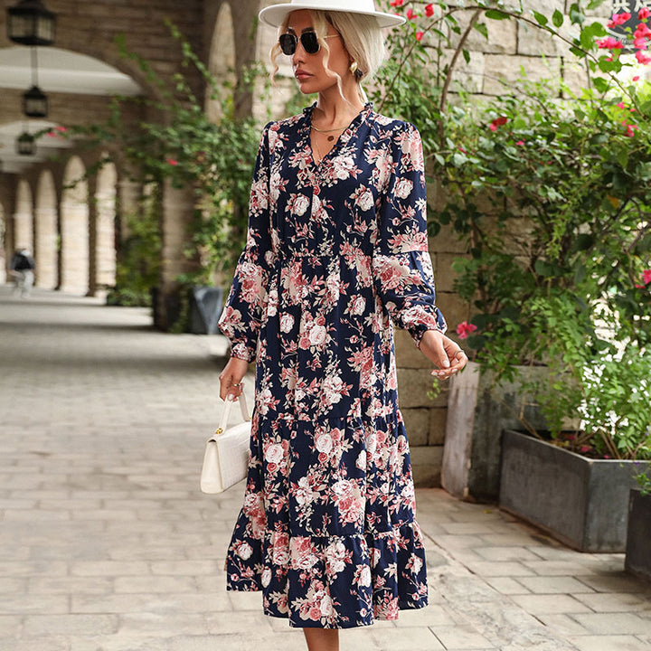 Damen Blumiges Viskose-Midikleid mit V‑Ausschnitt, Taillennaht und Stufenrock Drune