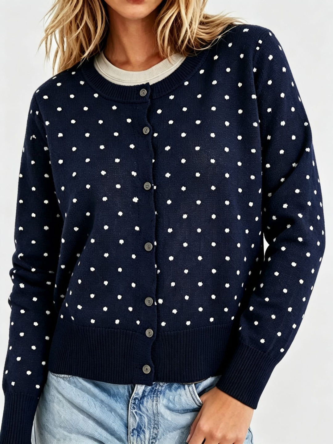 Damen Gepunktete Feinstrick-Cardigan mit Rundhals und Rippbündchen Drune