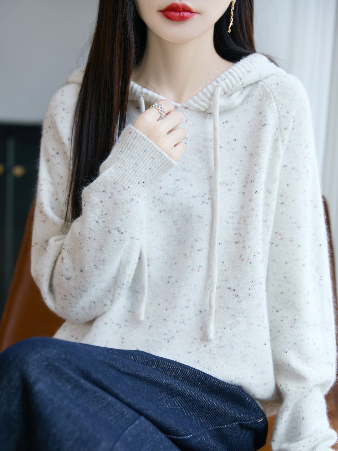 Damen Weicher Feinstrick-Kapuzenpullover mit Nep‑Garn und gerippten Bündchen Drune