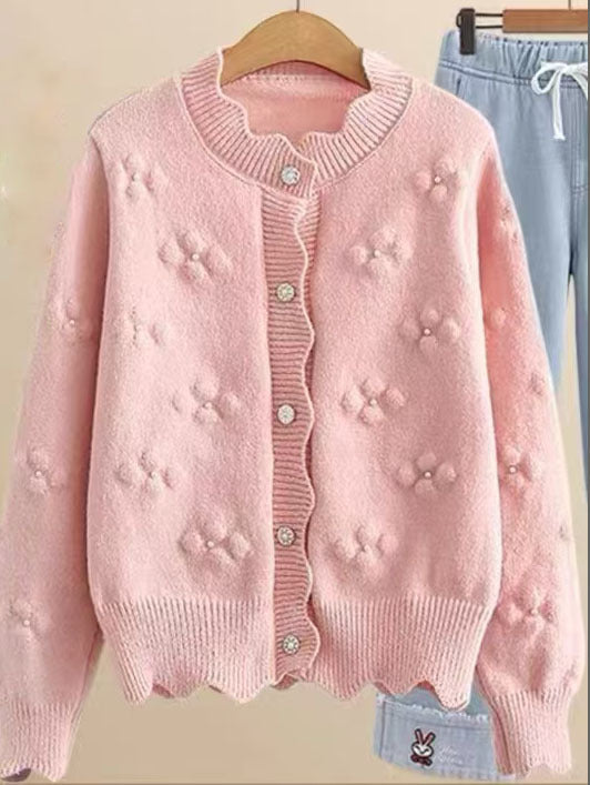 Damen elegante Strickjacke mit Blumenmuster Drune