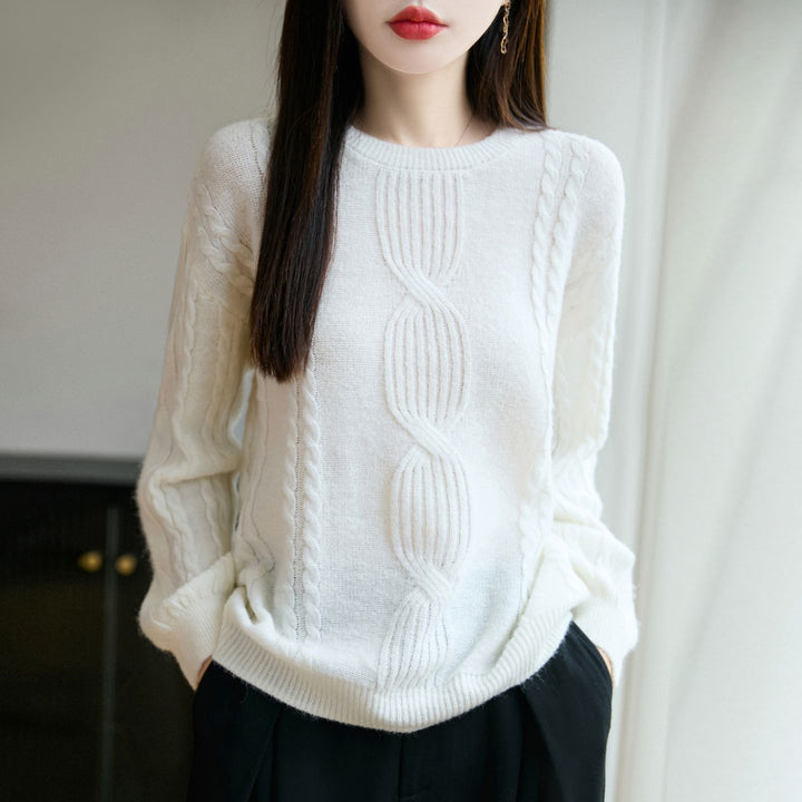 Damen Strickpullover mit einzigartigem Zopfmuster und Rundhalsausschnitt Drune