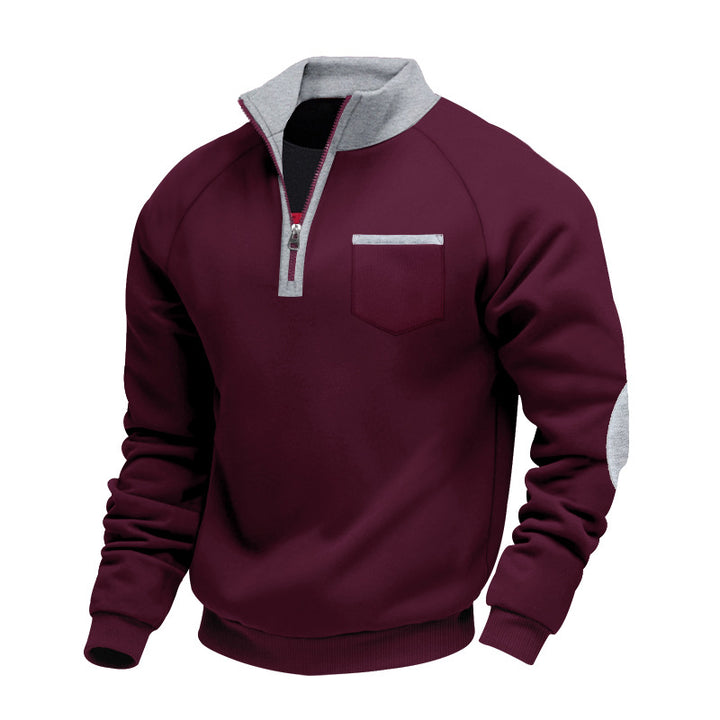 Herren Raglan-Halbzip-Sweatshirt mit Stehkragen, Brusttasche & Ellbogenapplikation Drune