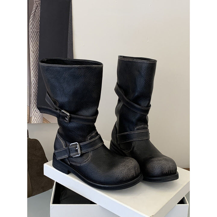 Damen Modische Biker-Stiefel mit verstellbaren Riemen Drune