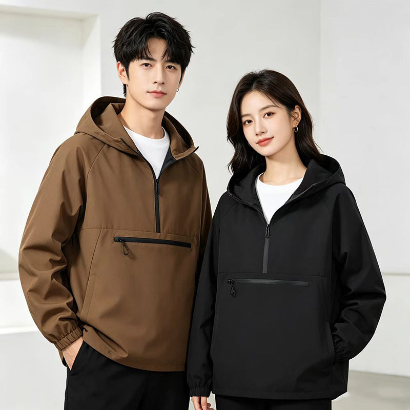 Unisex Leichter wasserabweisender Kapuzen‑Anorak mit Halbzip und Front‑Reißverschlusstasche Drune