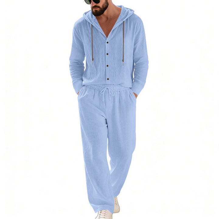 Herren nan legeres Kapuzen-Lounge-Set mit Knopfleiste, Kordelbundhose und seitlichen Eingrifftaschen Drune