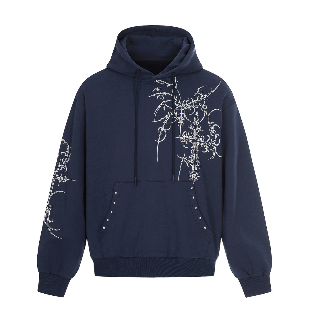 Herren Oversize Kapuzenpullover mit ornamentalem Kreuz‑Print und Nieten Drune