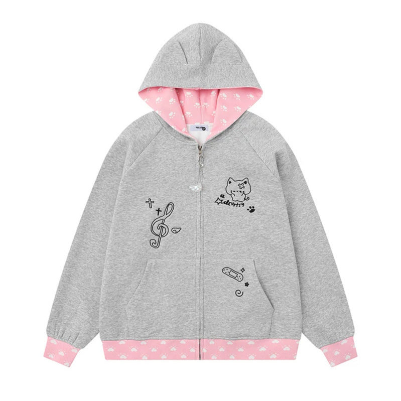 Damen Kapuzenjacke mit Reißverschluss im Casual‑Kawaii‑Stil, Kontrastkapuze, Comic‑Prints und Rippbündchen Drune