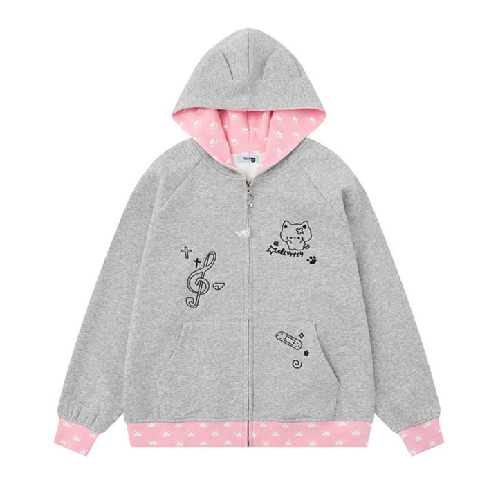 Damen Kapuzenjacke mit Reißverschluss im Casual‑Kawaii‑Stil, Kontrastkapuze, Comic‑Prints und Rippbündchen Drune