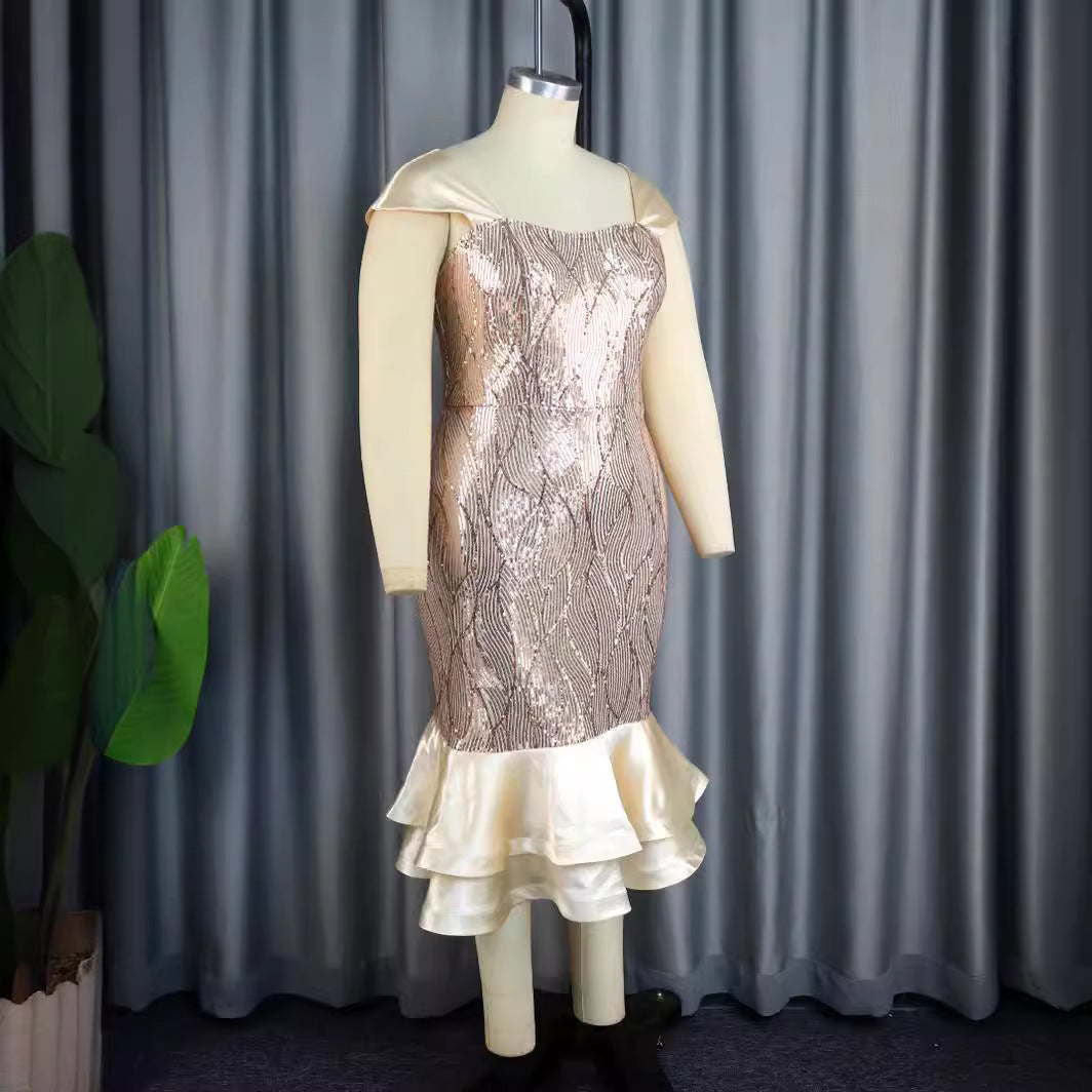 Damen glamouröses Abendkleid mit schimmernden Pailletten und voluminösem Rüschenabschluss Drune