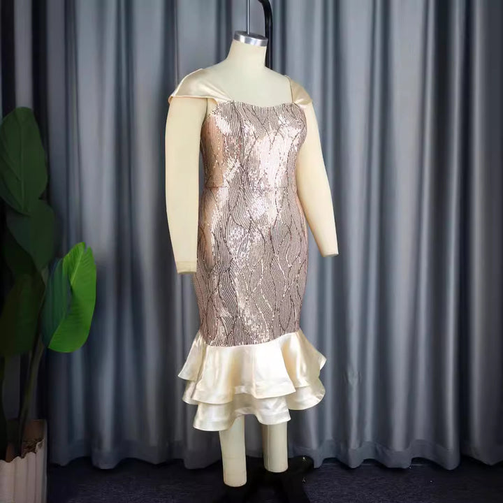 Damen glamouröses Abendkleid mit schimmernden Pailletten und voluminösem Rüschenabschluss Drune